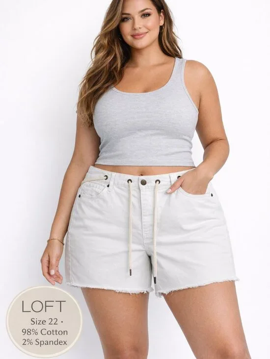 LOFT Plus Size 22 White Denim Shorts NWOT Drawstring Waist Frayed Hem Casual Sum - Picture 2 of 8